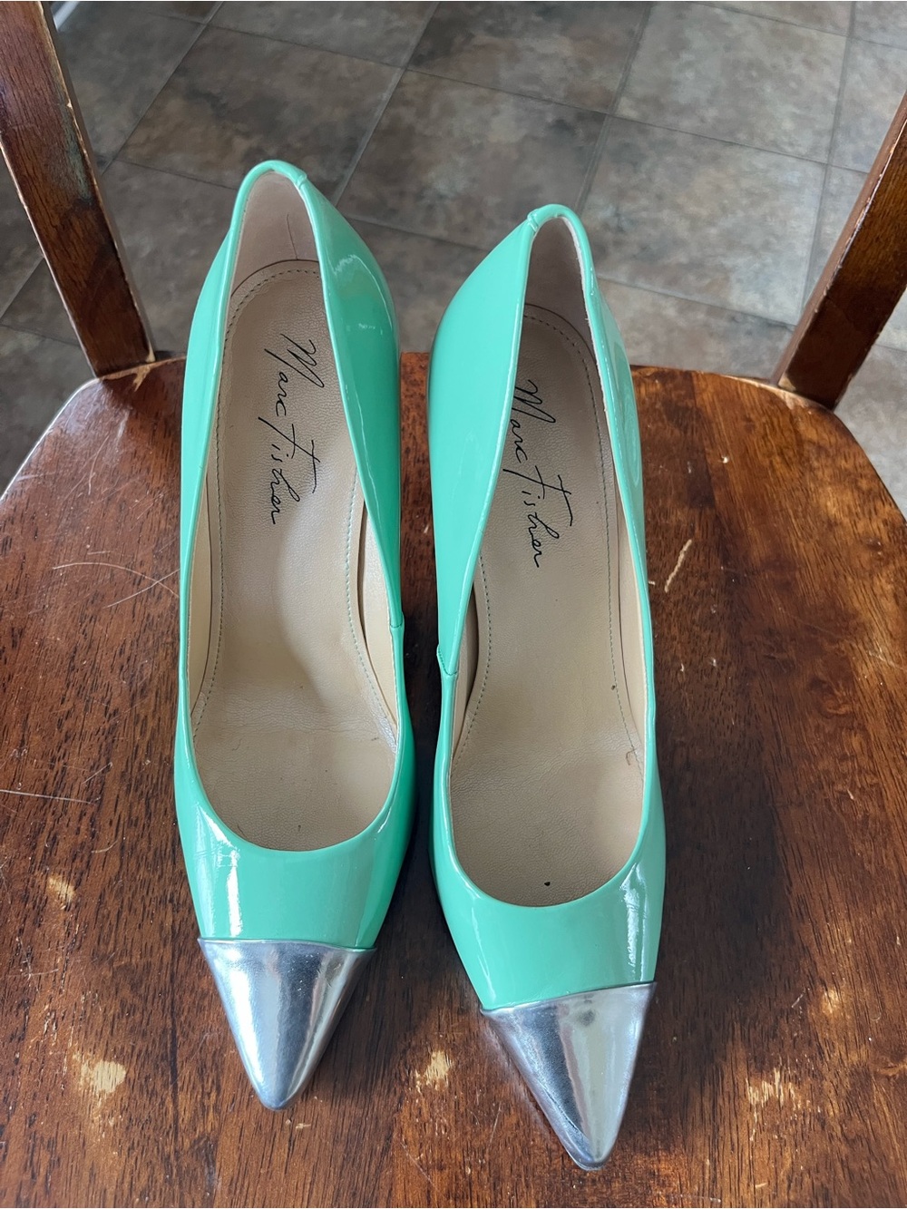 Marc Fisher Mint Green Patent Pumps with Silver Cap Toe